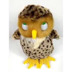 Vintage Eyenimal 9" Brown Mottled Owl Plushie With Big Green Moving Eyes